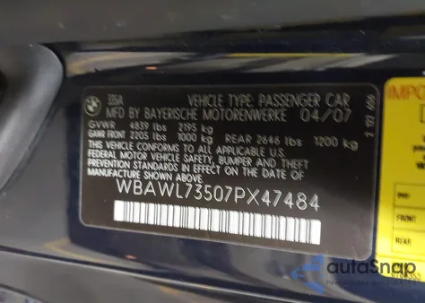 2007 BMW 335I из США, поврежденный, VIN WBAWL73507PX47484